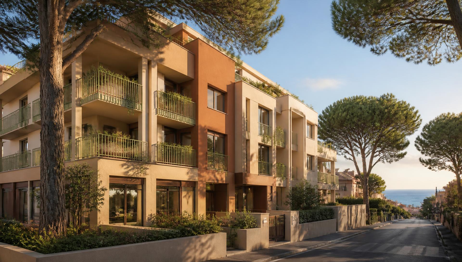 Render della facciata di Residenze Tirreno al tramonto